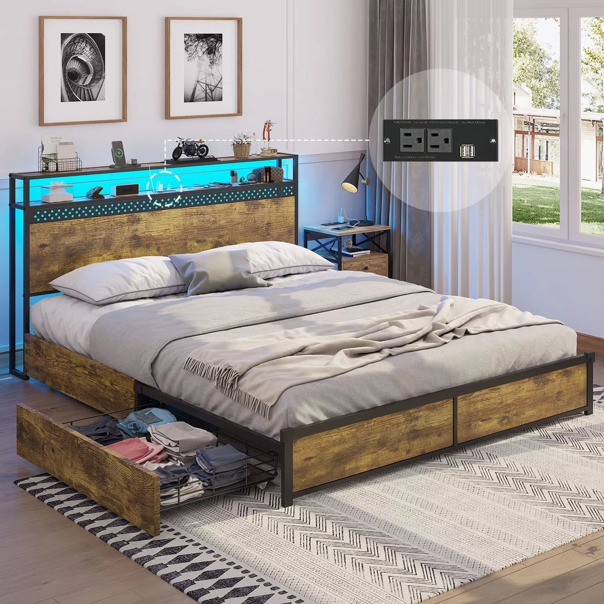 Queen Bed Frame with Storage Drawers, LED, USB Charging Station, Brown K8943