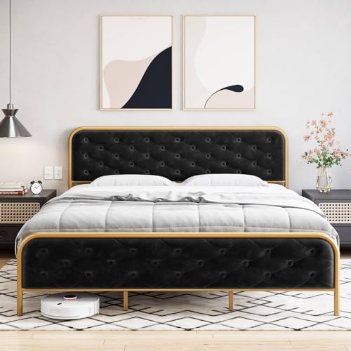 Queen Size Velvet Upholstered Bed Frame with Button Tufted Headboard, Gold-Black W3874