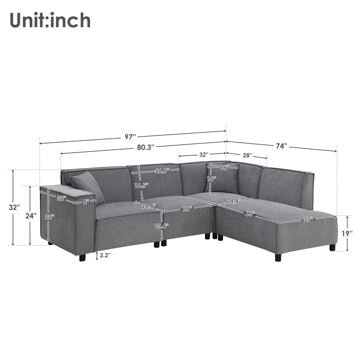 97\*74" Chenille Fabric L-shaped Sectional Sofa with Chaise Lounge Y47723