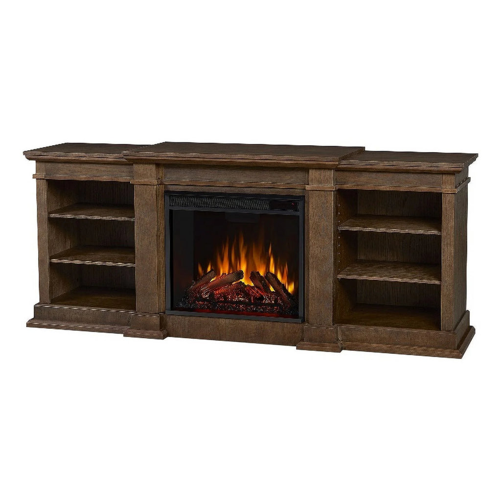 Traditional Wood & Steel Electric Fireplace TV Stand in Heritage Oak E647
