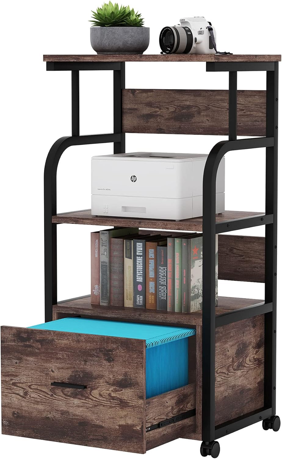 Mobile File Cabinet with Printer Shelf, 3 Tier Printer Stand with Legal Size Drawer, Rolling Filing Cabinet Printer Cart with Storage Shelves C595