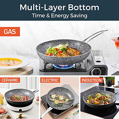 8" + 11" Gray Nonstick Granite Stone Frying Pan Set with Lids Z831