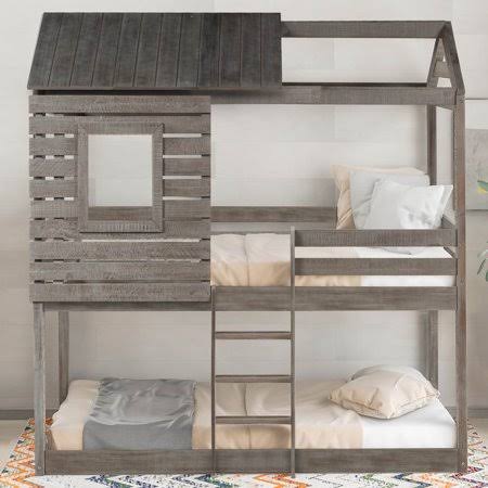 Antique Gray Wood Twin Over Twin Bunk Bed with Ladder and Safety Rail Y993252