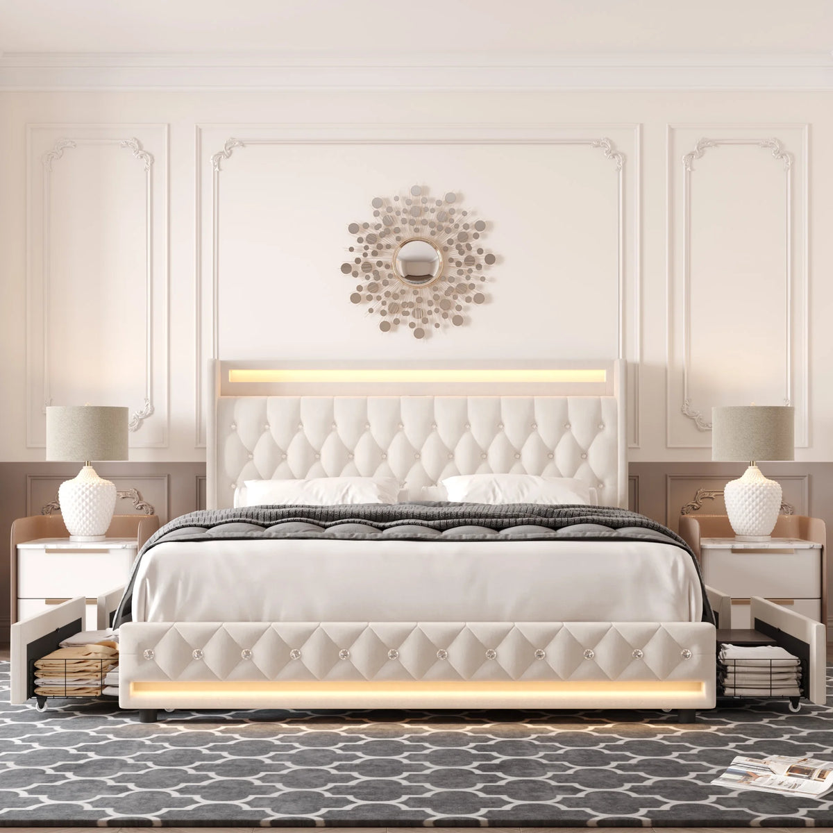 King Size LED Upholstered Platform Bed Frame with 4 Storage Drawers E87996