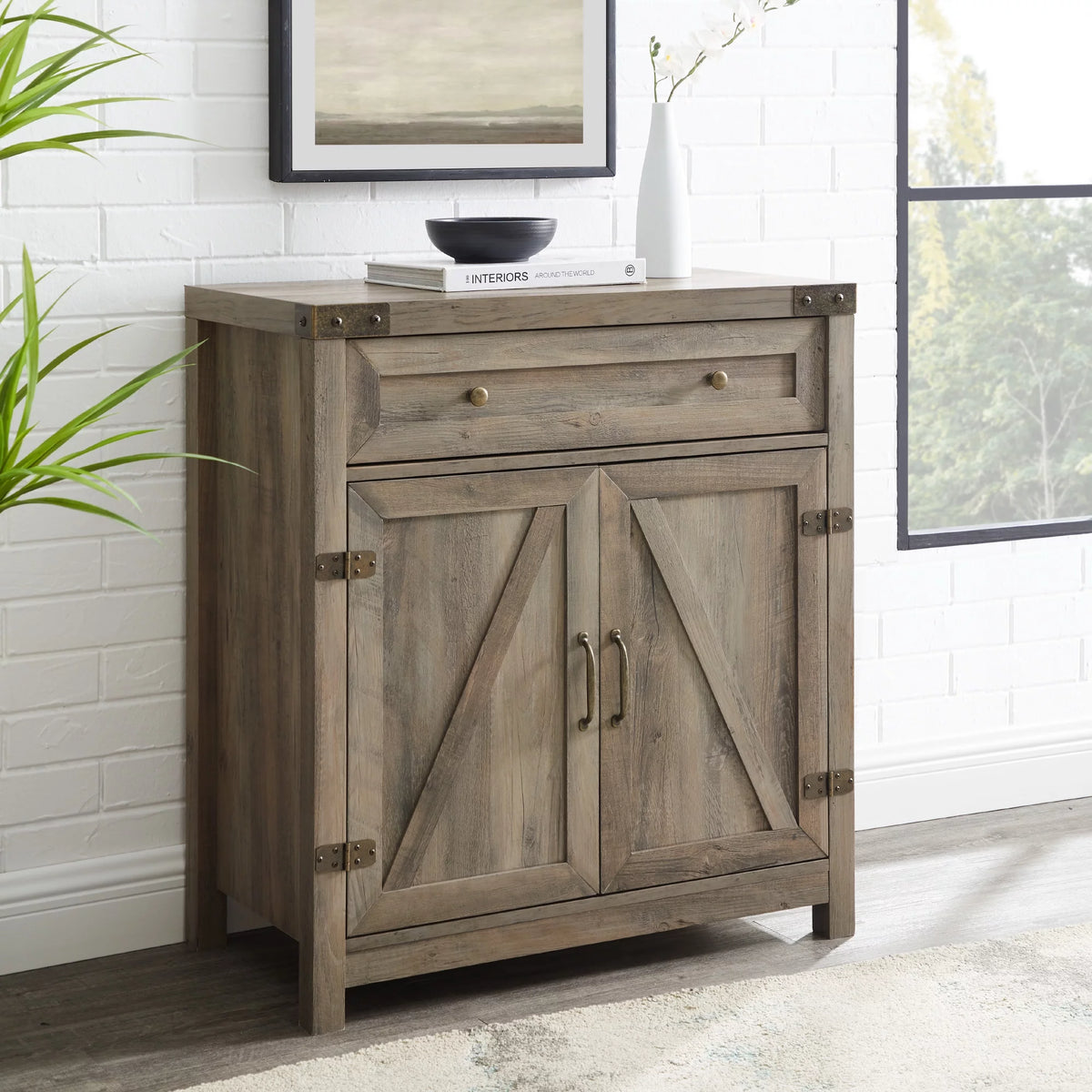 Grey Wash Sliding Barn Door Accent Cabinet W7309