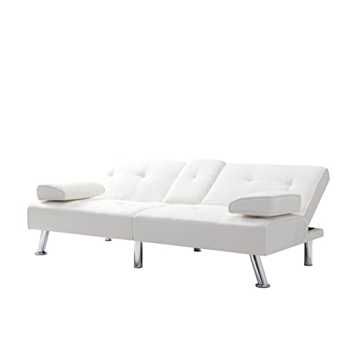 Beige Synthetic Leather Convertible Folding Sofa Bed with Metal Legs F6974