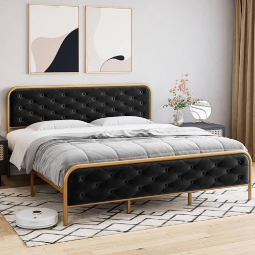 Queen Size Velvet Upholstered Bed Frame with Button Tufted Headboard, Gold-Black W3874