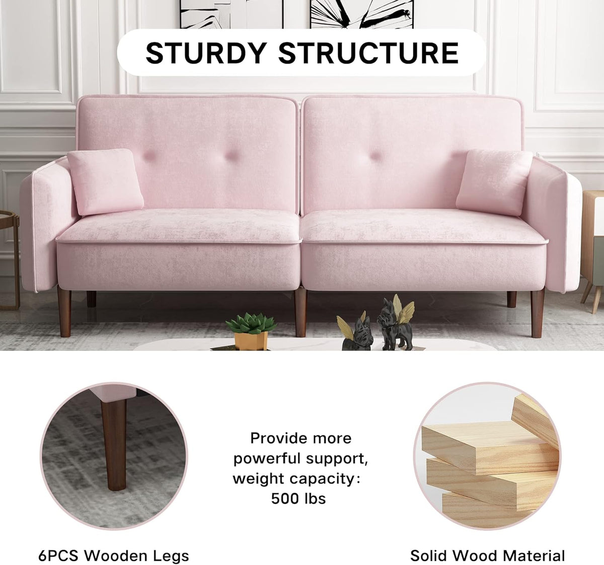 Pink Velvet Convertible Sofa Bed with Magazine Bag Y128