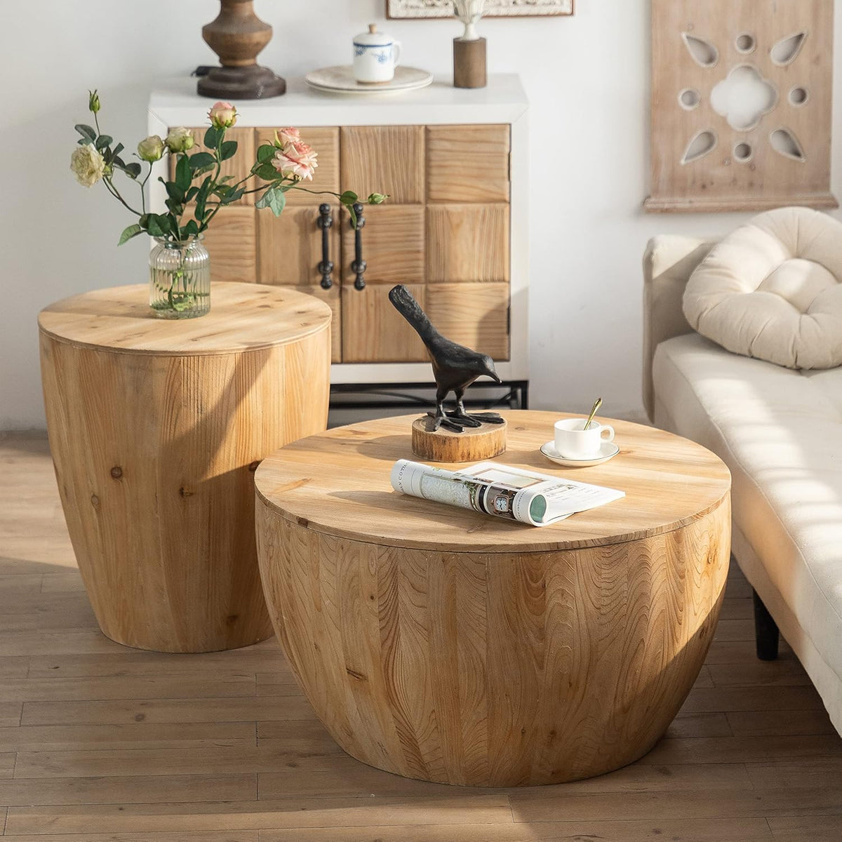 Round Wood Coffee Table Set of 2 with Storage F6208