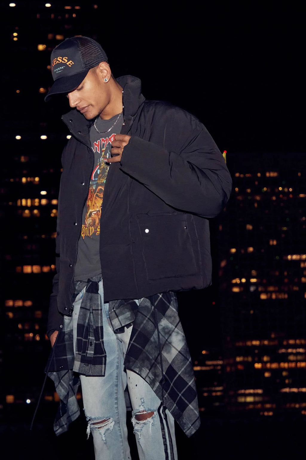 Black Cargo Pocket Puffer Jacket R9084