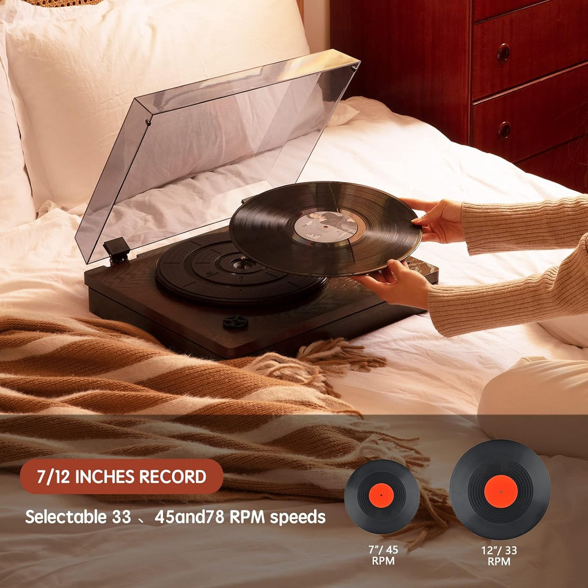 Wooden Vinyl Record Player with Built-in Speakers, Bluetooth Input, 3-Speed C605