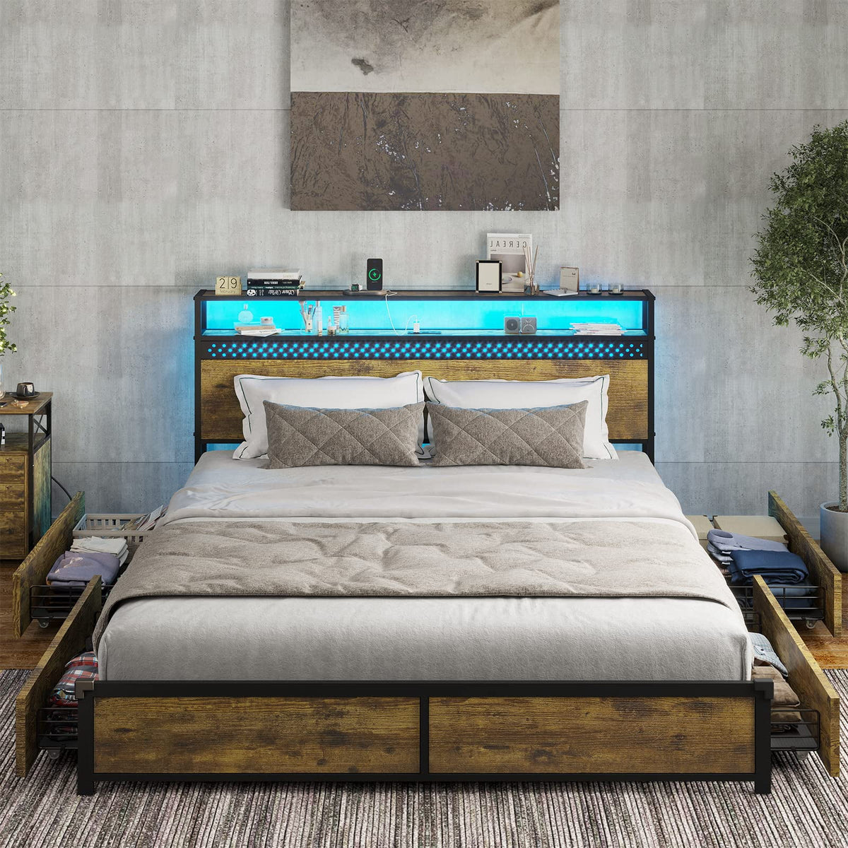 Queen Bed Frame with Storage Drawers, LED, USB Charging Station, Brown K8943