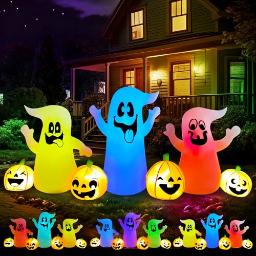 8 Ft Halloween Inflatable Three Ghosts with Pumpkin LED Light Up D22421
