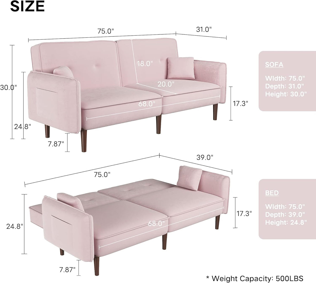 Pink Velvet Convertible Sofa Bed with Magazine Bag Y128