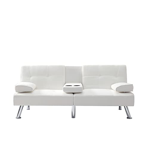 Beige Synthetic Leather Convertible Folding Sofa Bed with Metal Legs F6974