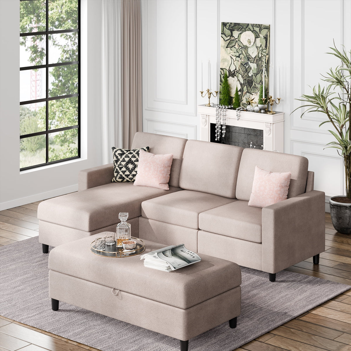 L Shaped 4 Seat Sectional Sofa with Storage Ottoman L356