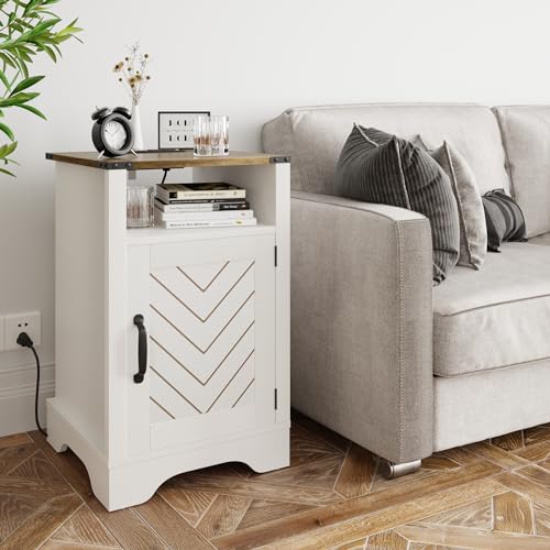White and Rustic Oak Wooden Nightstand with Shelf E266