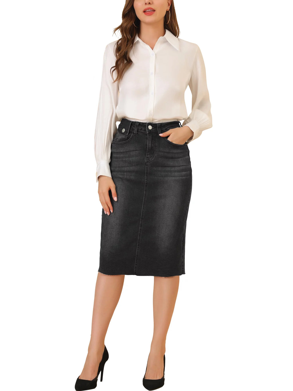 Black Denim Midi Skirt L538