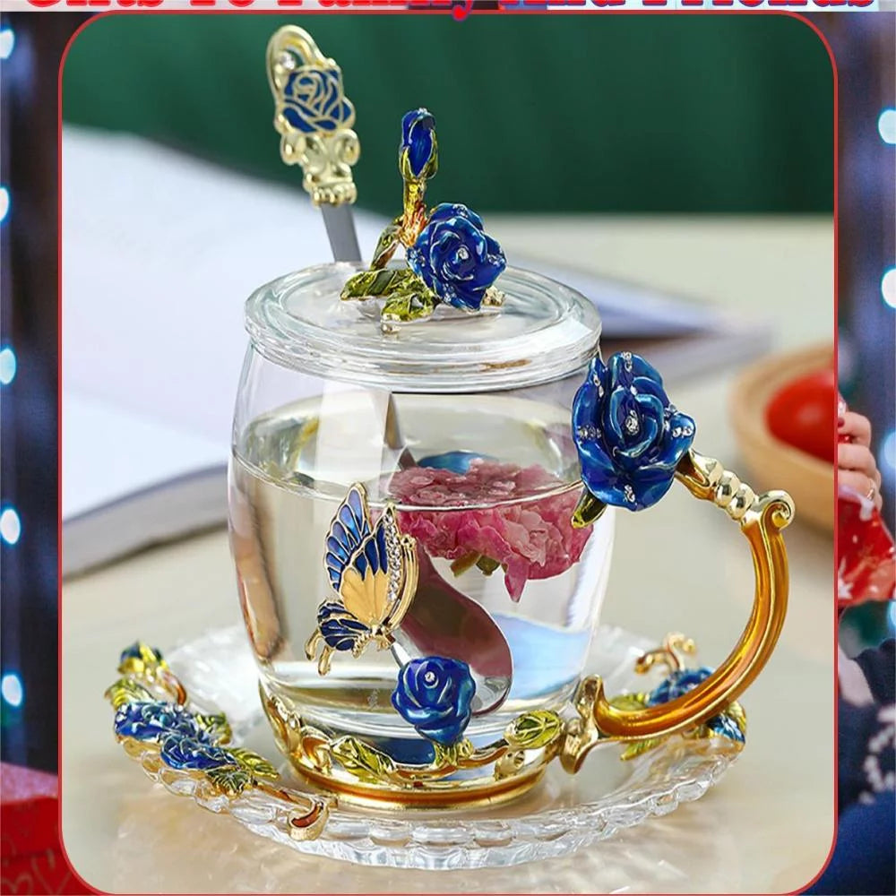 Blue Rose Enamel Glass Tea Cup Set with Lid, Coaster and Spoon (320ml) C29960