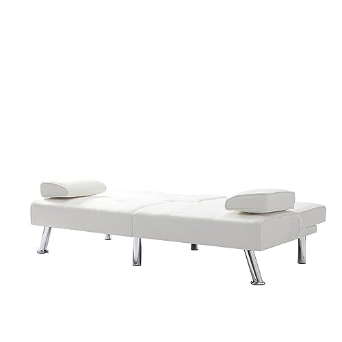 Beige Synthetic Leather Convertible Folding Sofa Bed with Metal Legs F6974