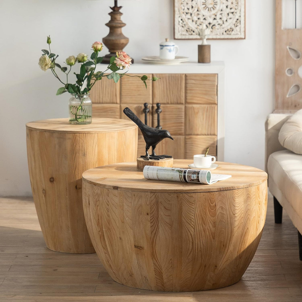 Round Wood Coffee Table Set of 2 with Storage F6208