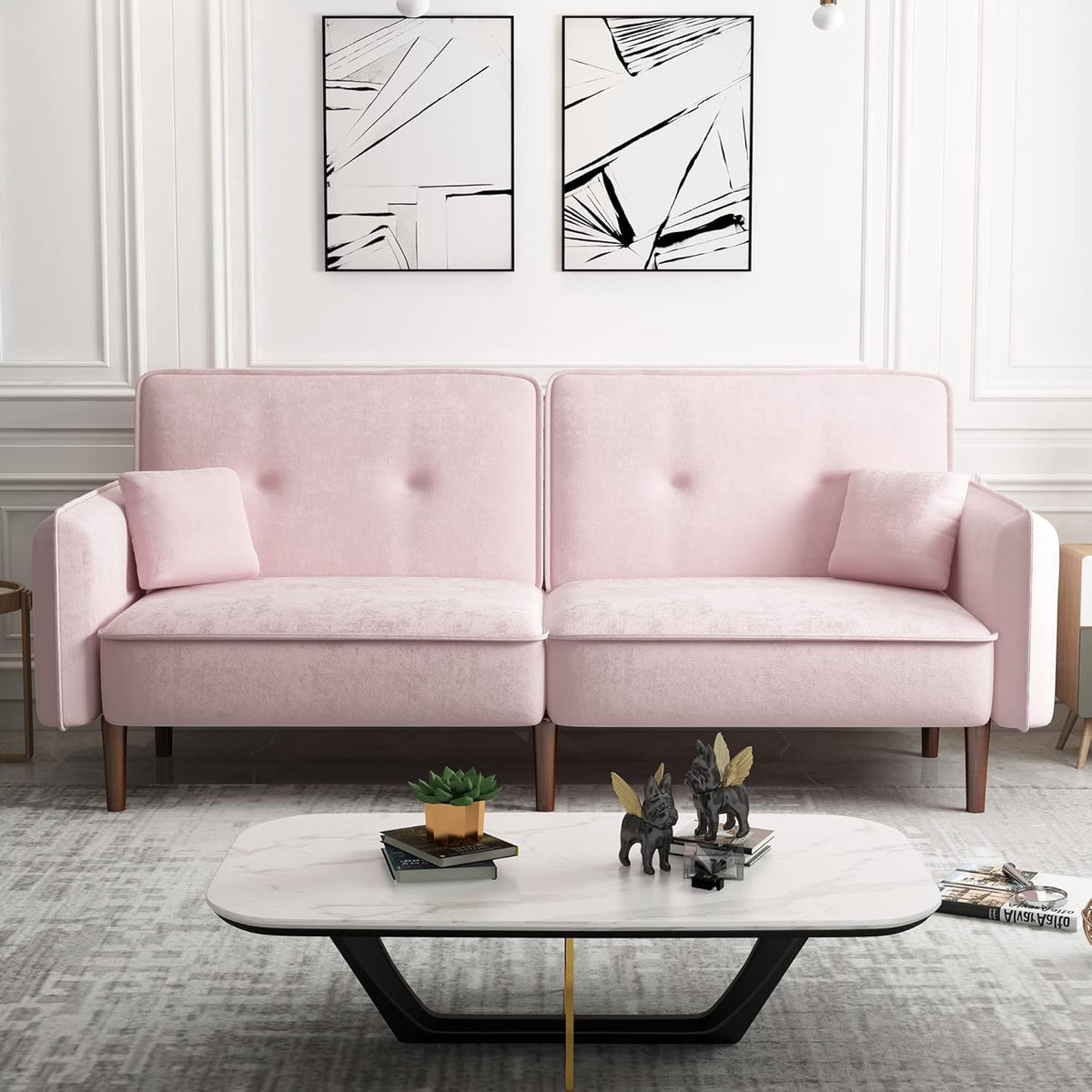 Pink Velvet Convertible Sofa Bed with Magazine Bag Y128