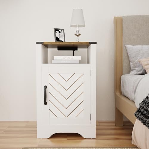 White and Rustic Oak Wooden Nightstand with Shelf E266