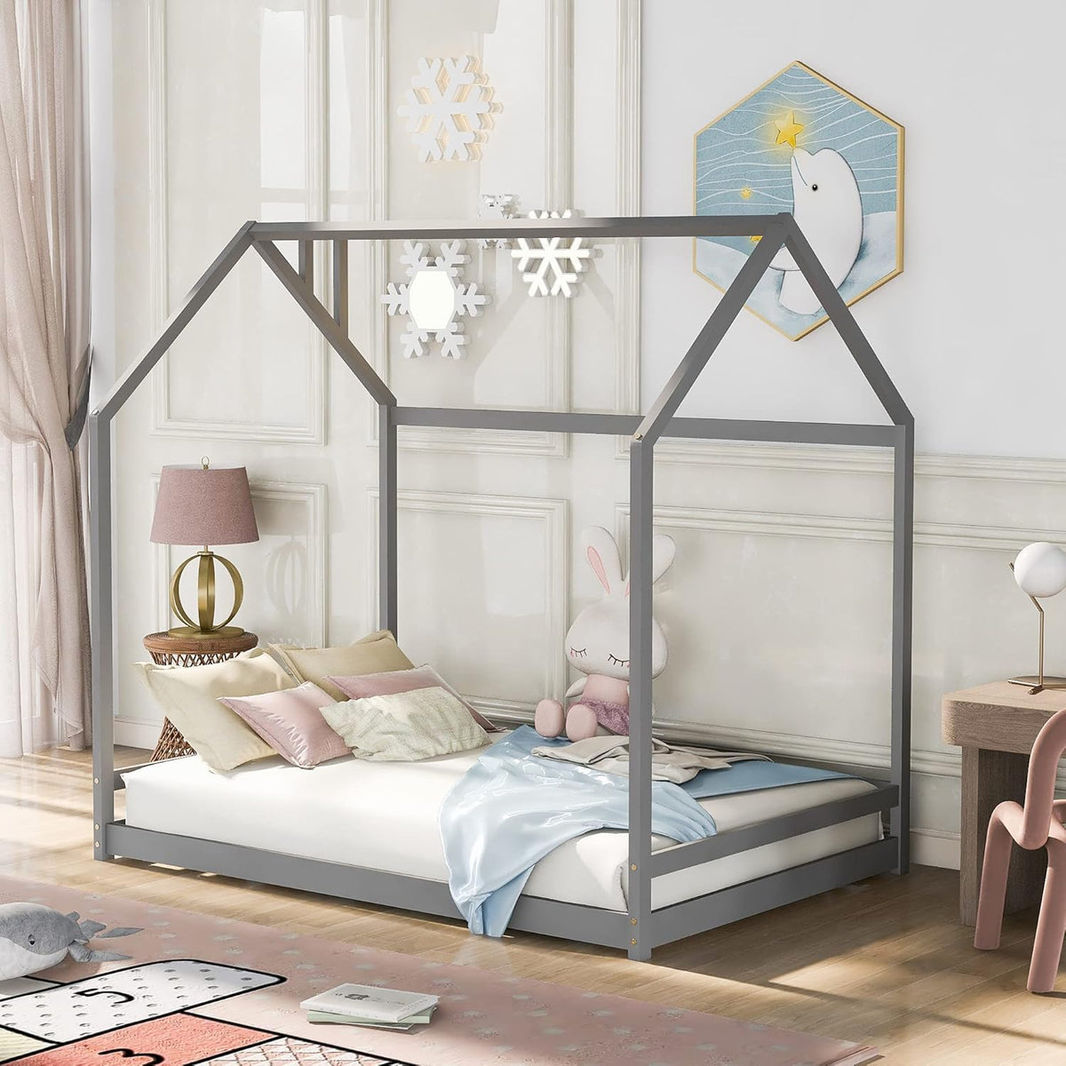 White Twin Size Wood Platform Bed with Trundle and Roof L872232
