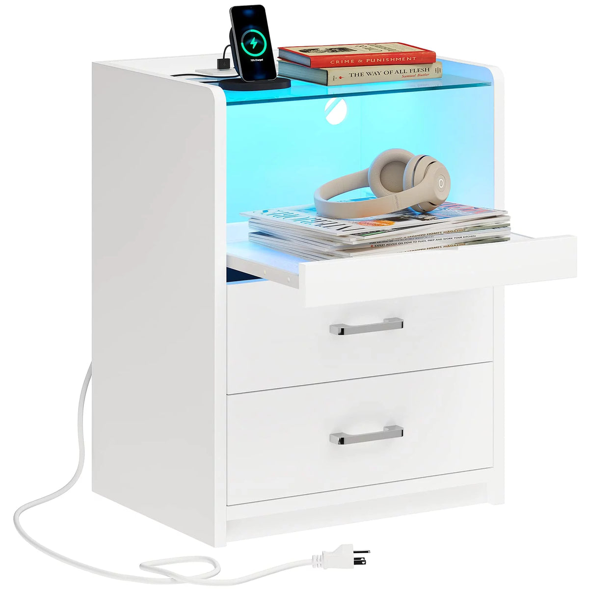 White LED Nightstand with 2 Drawers and Pull-Out Shelf Y252272