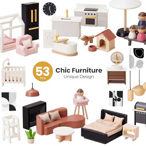 53Pcs Wooden Doll House with Furniture A684081