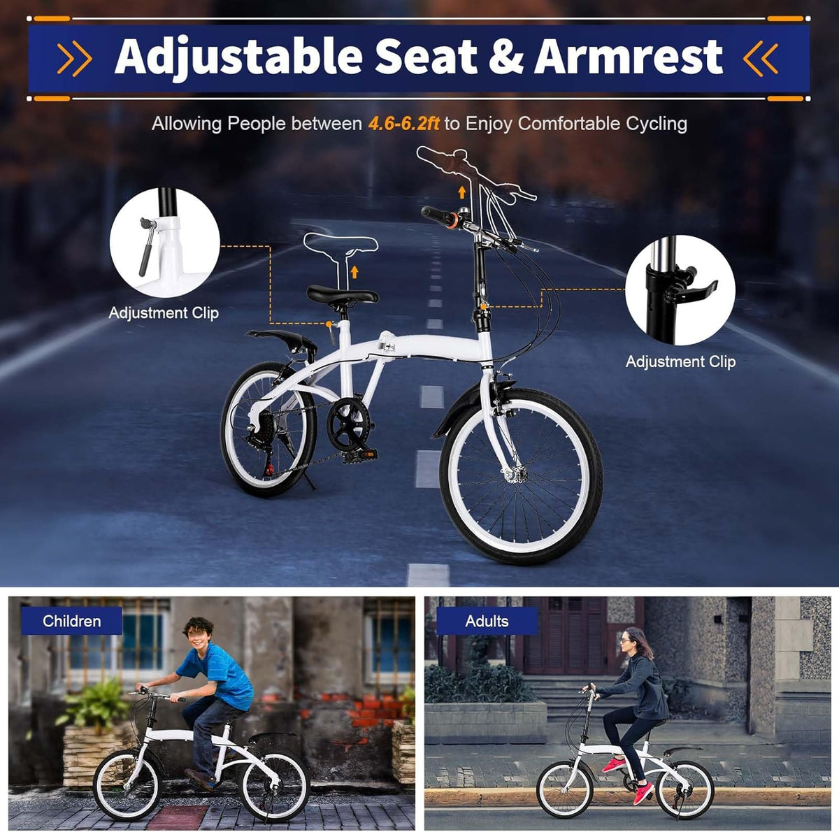 20" Folding Kids Bike 6 Speed High-Carbon Steel MTB Bicycle with Fenders, Height Adjustable Max Weight 90KG Dual Disc Brake Non-Slip T917
