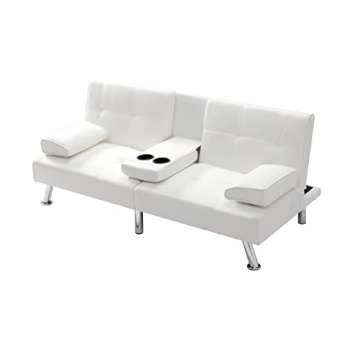 Beige Synthetic Leather Convertible Folding Sofa Bed with Metal Legs F6974