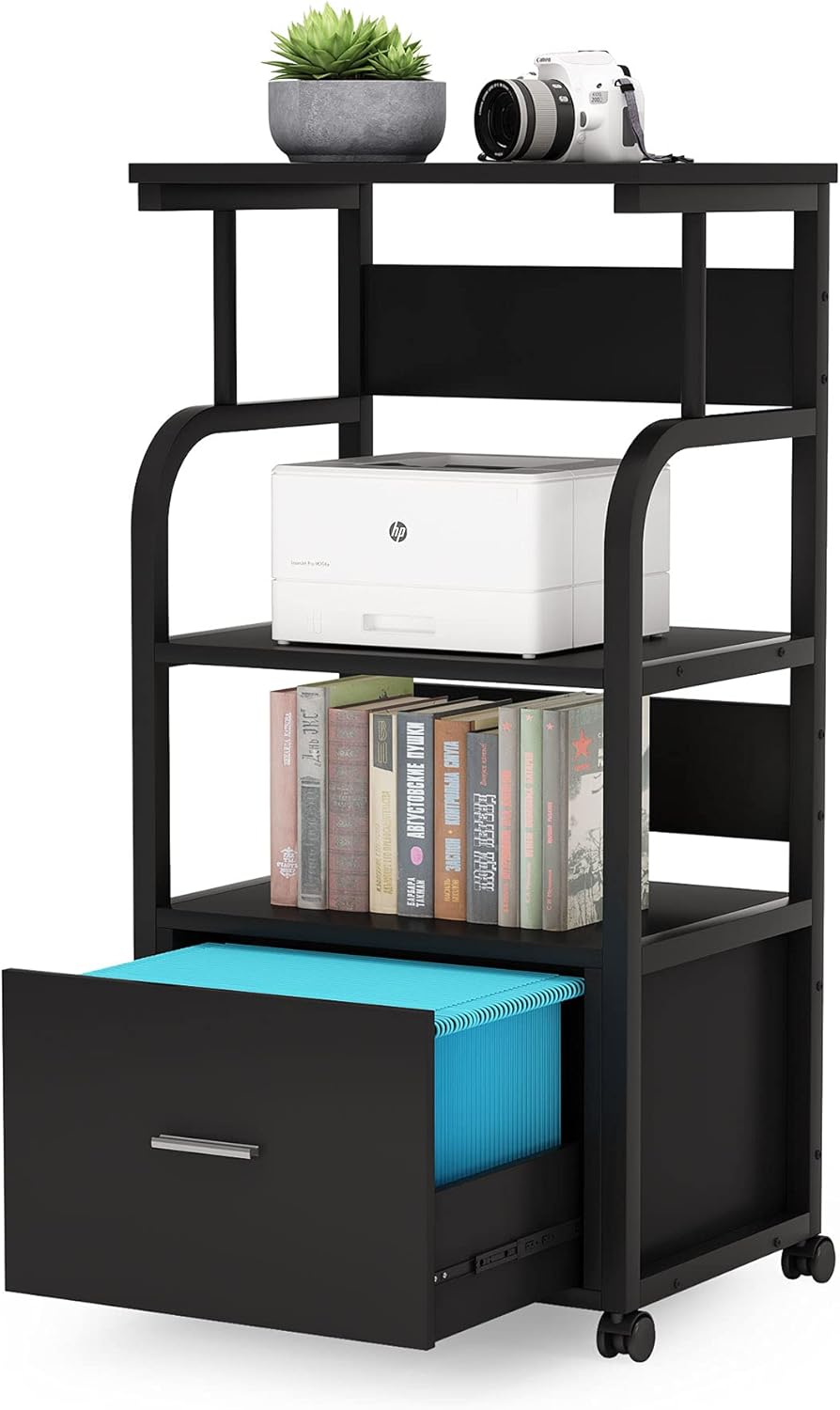 Mobile File Cabinet with Printer Shelf, 3 Tier Printer Stand with Legal Size Drawer, Rolling Filing Cabinet Printer Cart with Storage Shelves C595