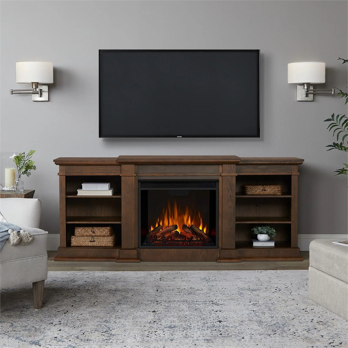 Traditional Wood & Steel Electric Fireplace TV Stand in Heritage Oak E647