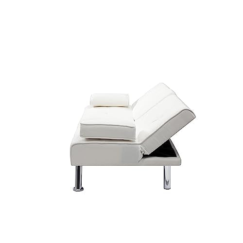 Beige Synthetic Leather Convertible Folding Sofa Bed with Metal Legs F6974