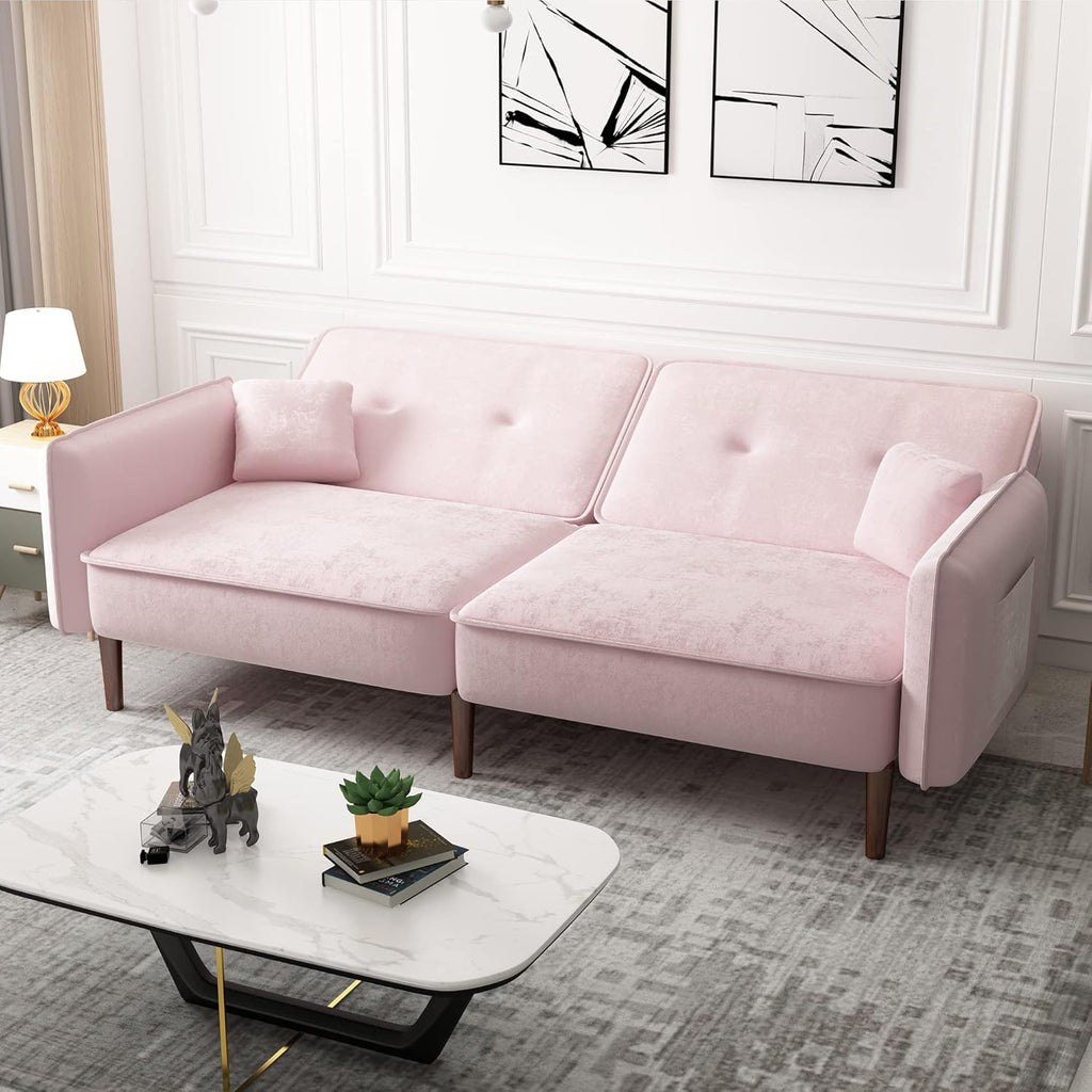 Pink Velvet Convertible Sofa Bed with Magazine Bag Y128