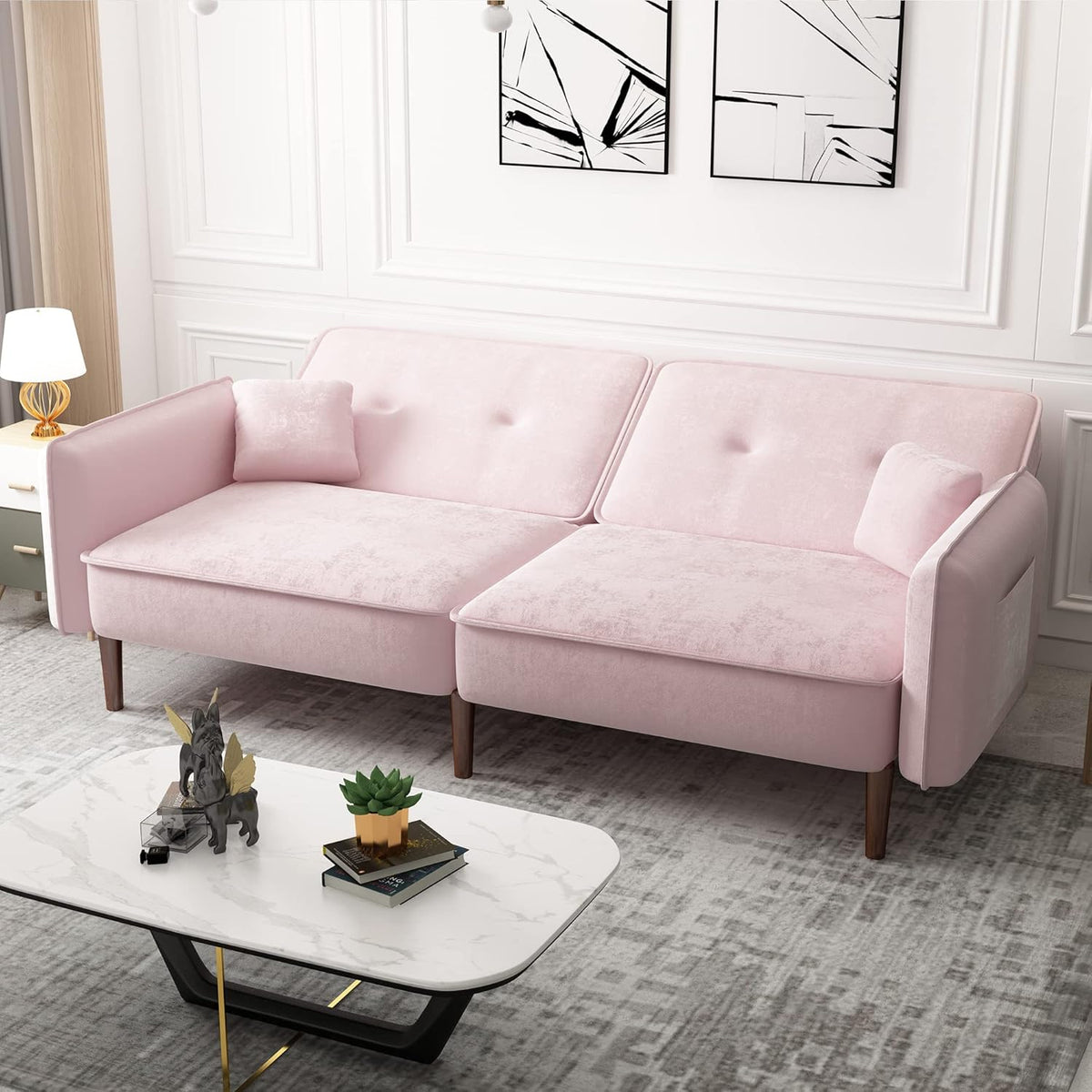 Pink Velvet Convertible Sofa Bed with Magazine Bag Y128