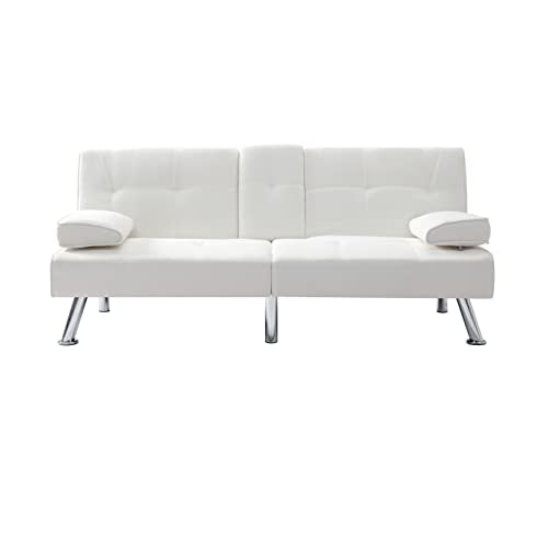 Beige Synthetic Leather Convertible Folding Sofa Bed with Metal Legs F6974