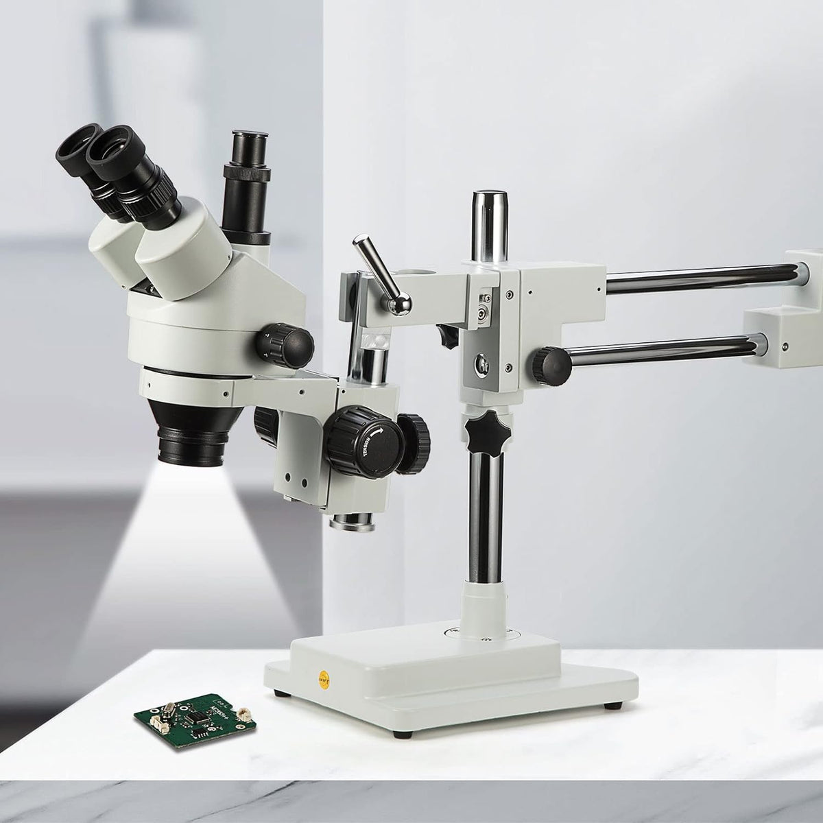 Simul-Focal Trinocular Stereo Zoom Microscope with WH10x Eyepieces, 0.7X-4.5X Objective, LED Ring Light, Double Arm Boom Stand, 0.5X and 2.0X Barlow Lens A117584
