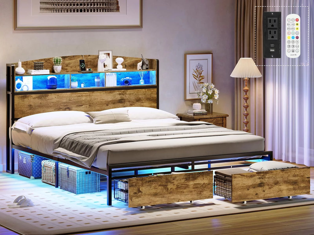 Queen Size Platform Bed with Storage Drawers and LED Headboard Y5663