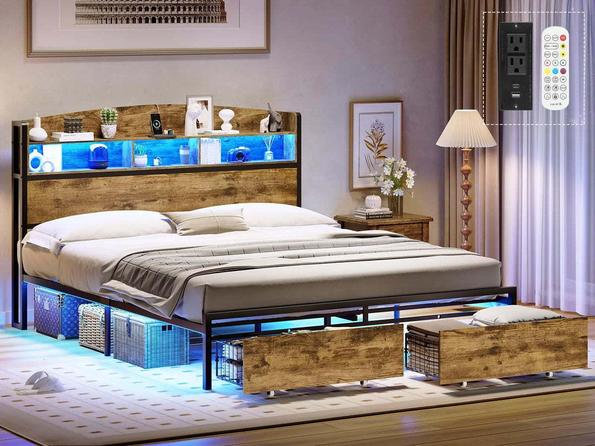 Queen Size Platform Bed with Storage Drawers and LED Headboard Y5663