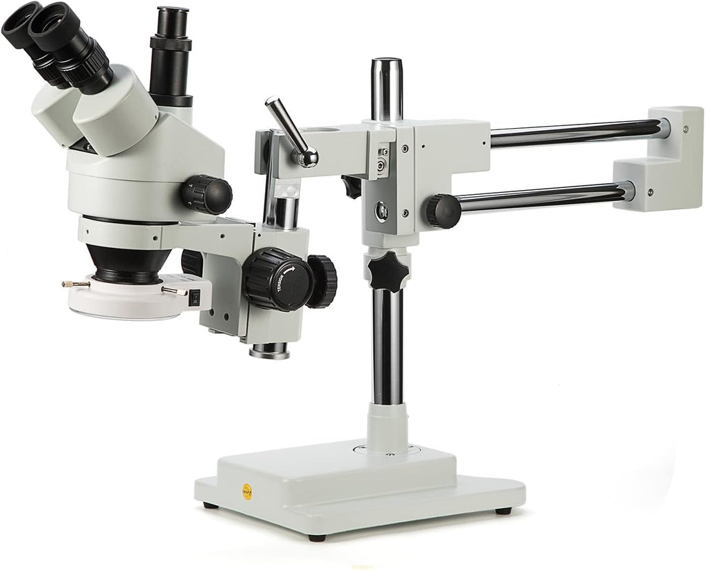 Simul-Focal Trinocular Stereo Zoom Microscope with WH10x Eyepieces, 0.7X-4.5X Objective, LED Ring Light, Double Arm Boom Stand, 0.5X and 2.0X Barlow Lens A117584