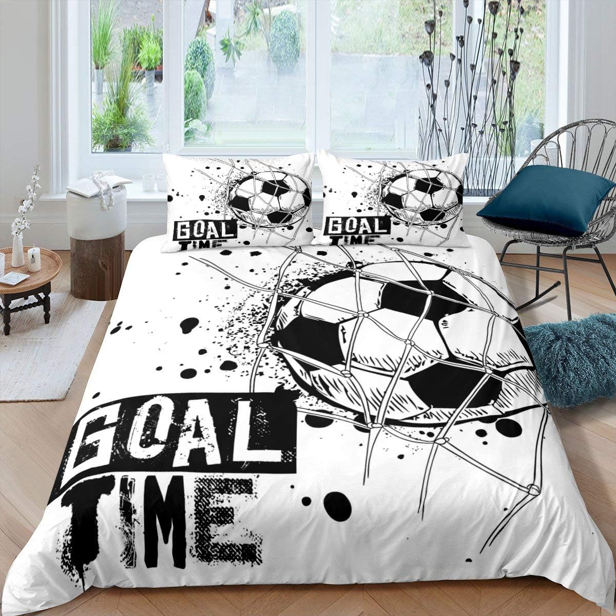 Black White Full Size Kids Football Comforter Cover Bedding Set V17602