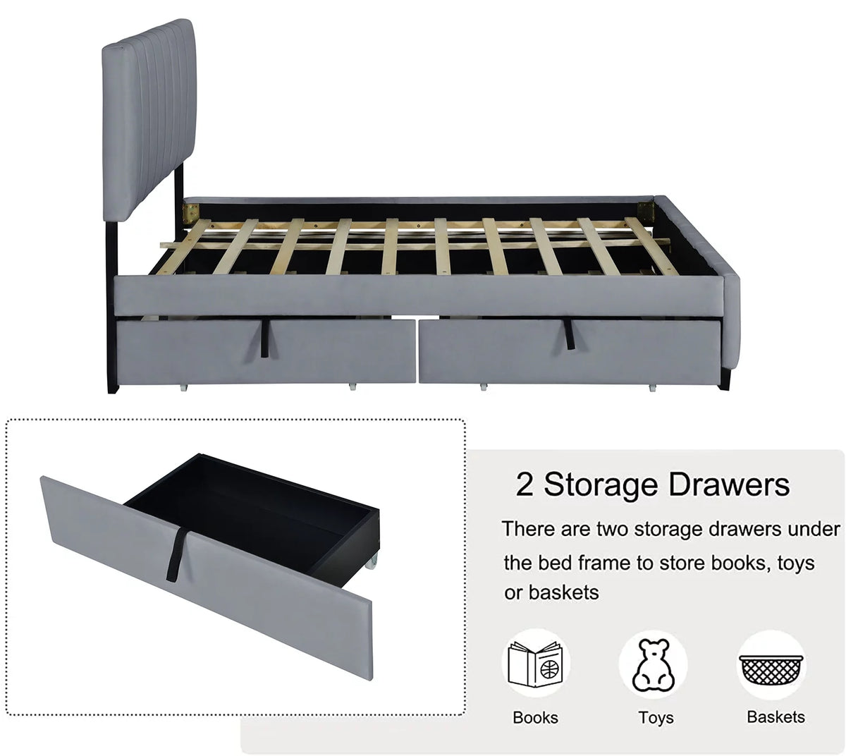 Queen Size Velvet Upholstered Platform Bed with 2 Storage Drawers and Trundle Z2158