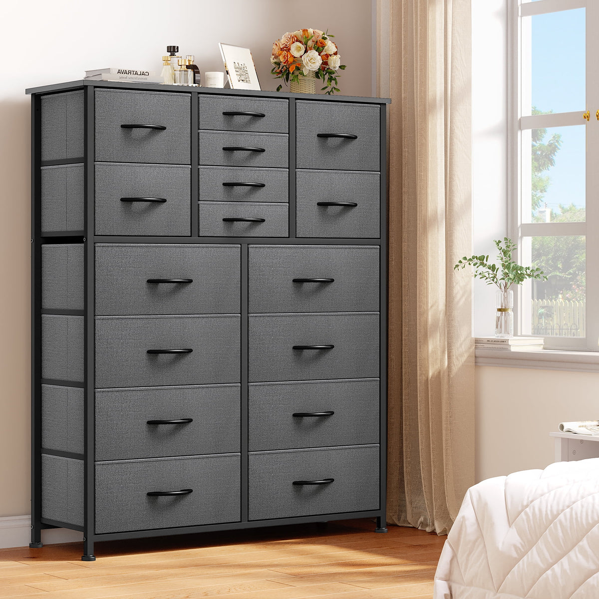 16 Drawer Fabric Dresser with Metal Frame and Wooden Top N9084