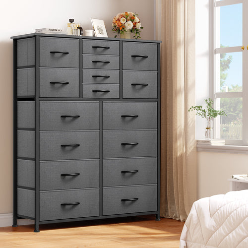16 Drawer Fabric Dresser with Metal Frame and Wooden Top N9084