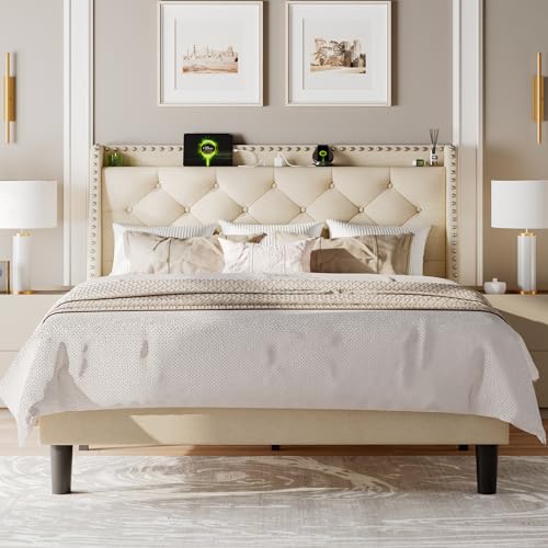 Full Size Upholstered Storage Bed Frame with Wingback and Charging Station B94816