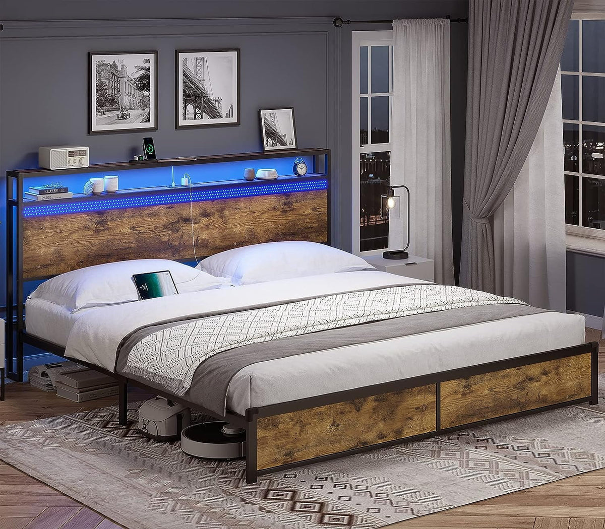 Queen Bed Frame with Storage Drawers, LED, USB Charging Station, Brown K8943