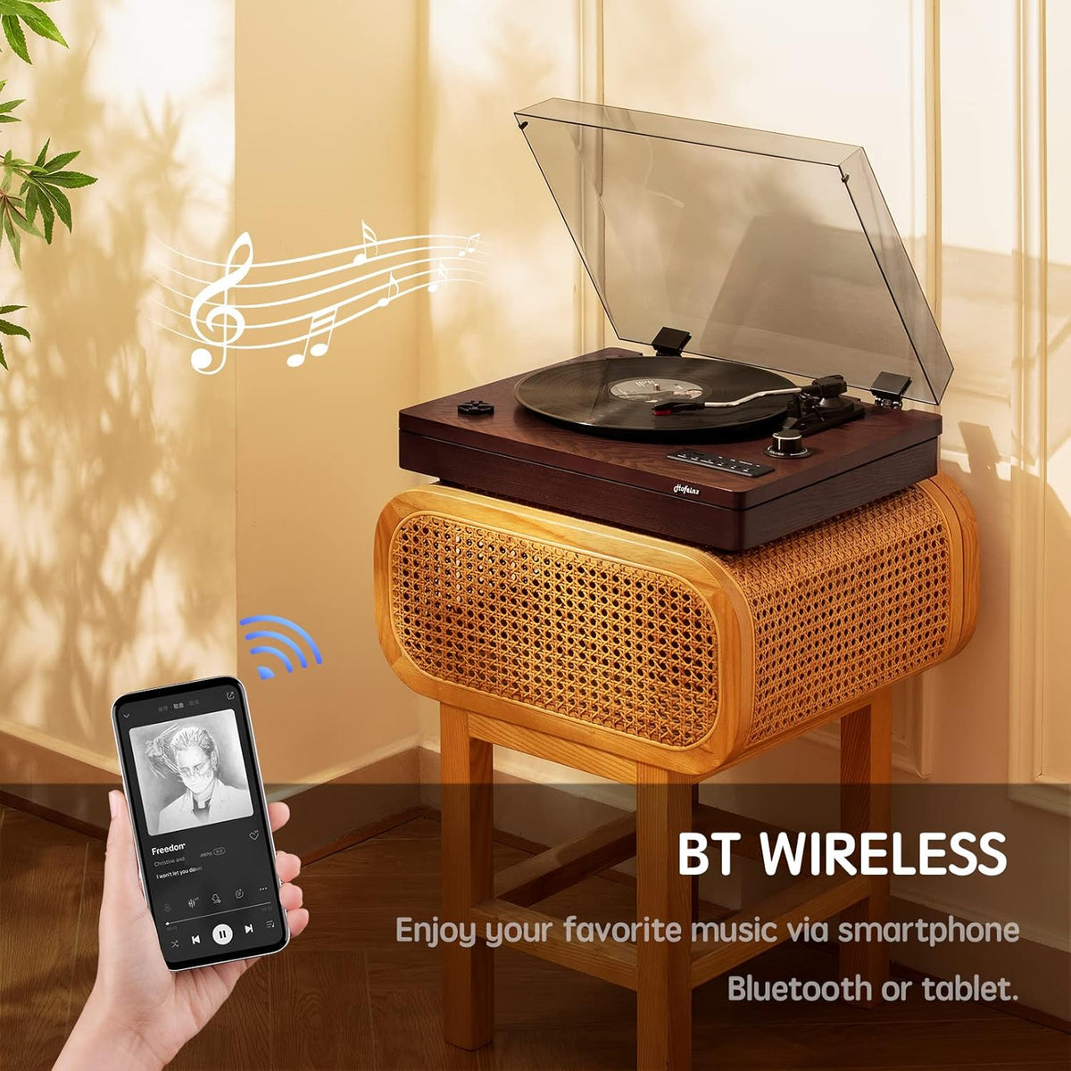 Wooden Vinyl Record Player with Built-in Speakers, Bluetooth Input, 3-Speed C605
