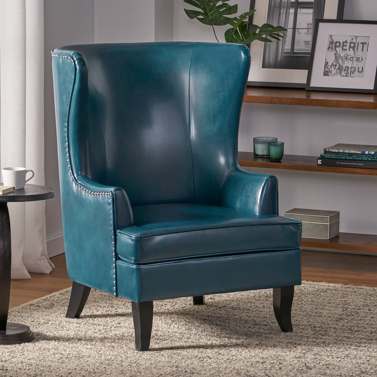 Teal and Matte Black Bonded Leather Wingback Club Chair R72638